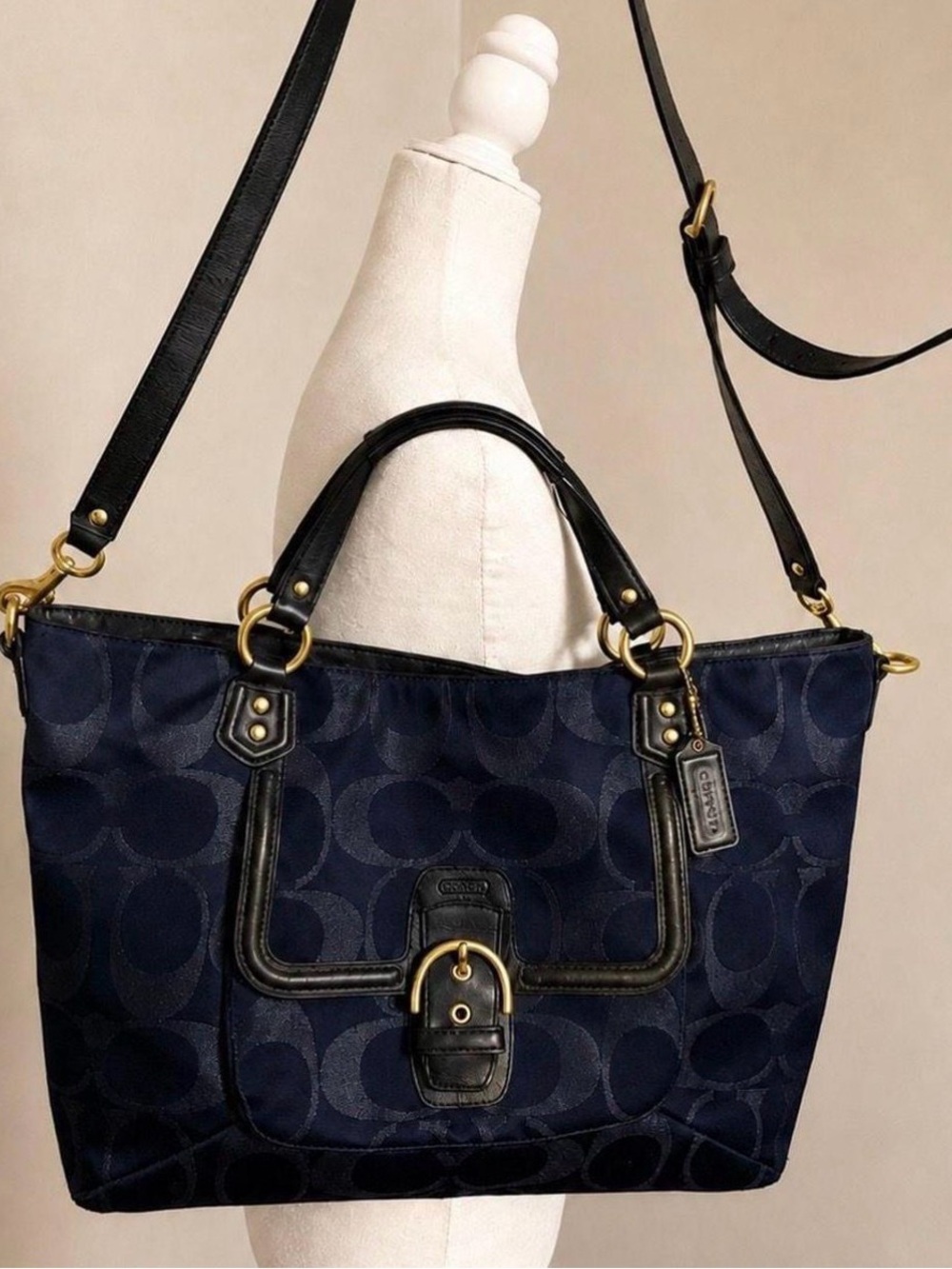 Y2K Coach Campbell Navy Signature Shoulder Tote with Black Trim & Gold Hardware